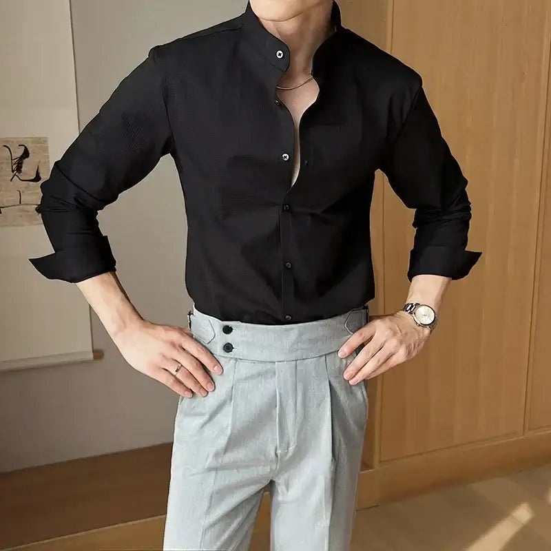 Man wearing Sterling Dress Shirt with premium spandex blend, showcasing stylish men's casual shirt ideal for work and social occasions.