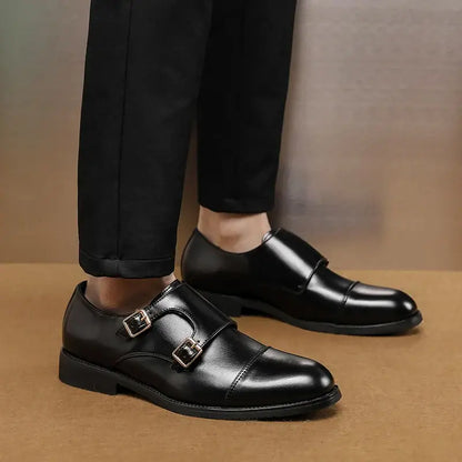 Person wearing Stratton Dress Shoes with double monk strap made of genuine leather, showcasing polished finish and comfort-focused sole.