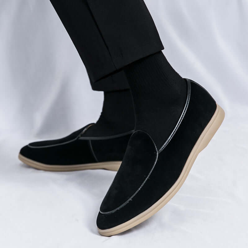 Vallare Leather Loafers showcasing sleek, minimalist slip-on design with cushioned insole for men's formal style and luxury comfort.
