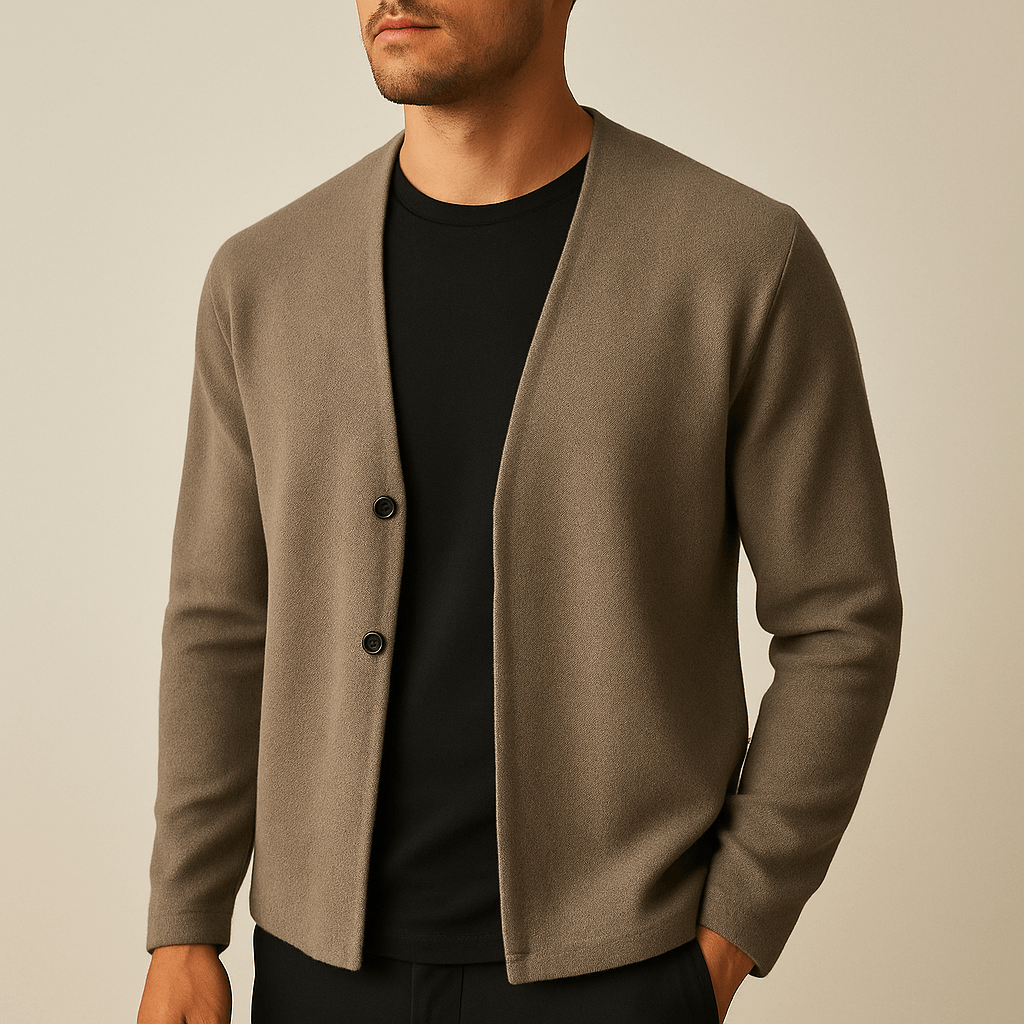 Vellano Knit Cardigan on a man showcasing warm men's winter knitwear, featuring a soft ribbed wool blend and decorative two-button detail.