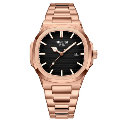 Veltron Milano 40 Rose Gold Watch featuring a bold black dial and elegant rose gold strap designed for durability and precision.