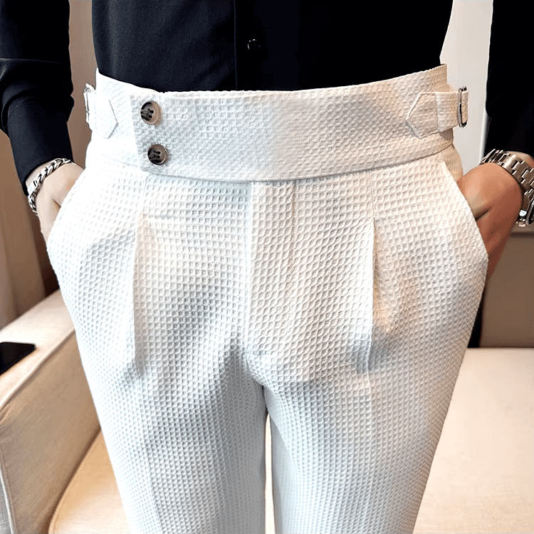 Veneto Dress Pants with waffle weave pattern for breathable comfort, adjustable fit, and modern style. Perfect as men's casual trousers.