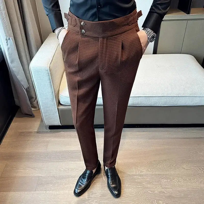 Veneto Dress Pants for men in waffle weave, offering breathable comfort, flexible fit, suitable for work and travel, stylish modern design.